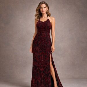 Cache Fully Beaded Silk Halter Evening Gown Black Red Formal Prom Dress L